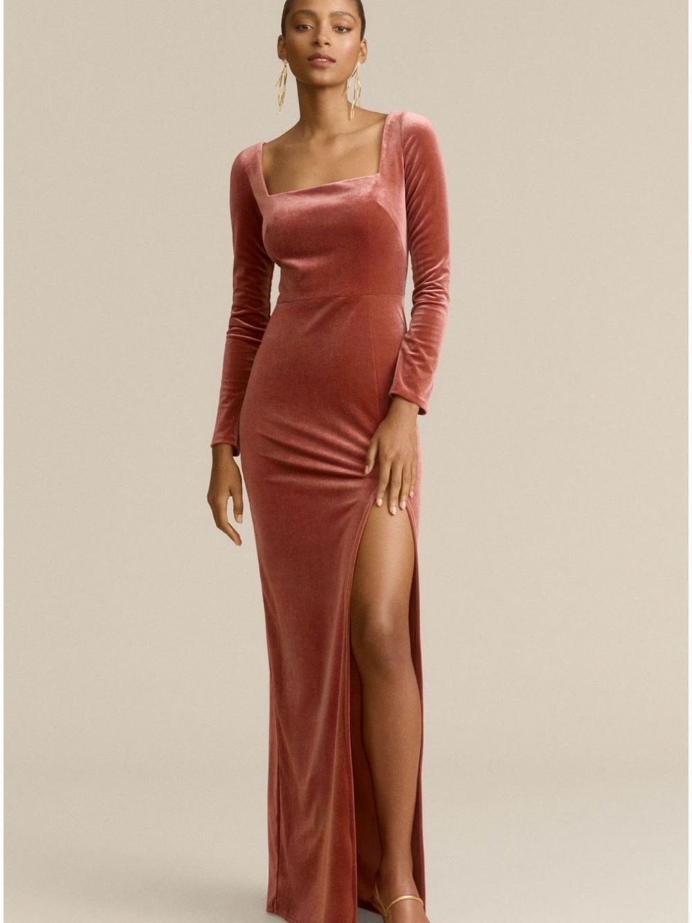 Jenny Yoo Rachel Square-Neck Long-Sleeve Side-Slit Velvet Gown
